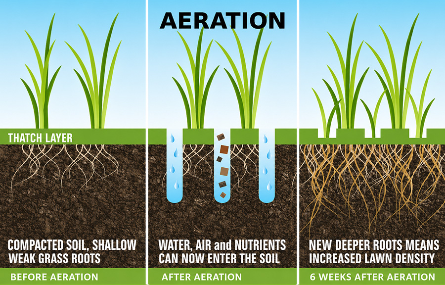 Lawn aeration process showing how aeration improves soil, root growth and lawn health